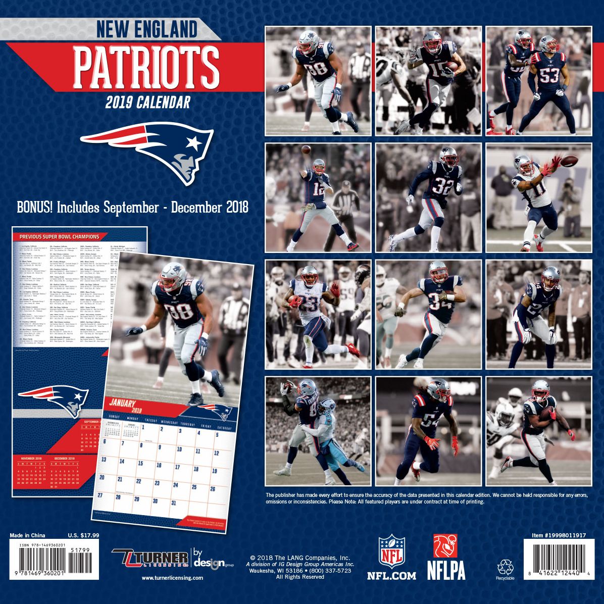 New England Patriots 2019 12x12 Team Wall Calendar