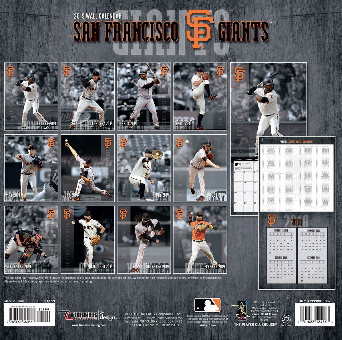 San Francisco Giants 2019 12x12 Team Wall Calendar