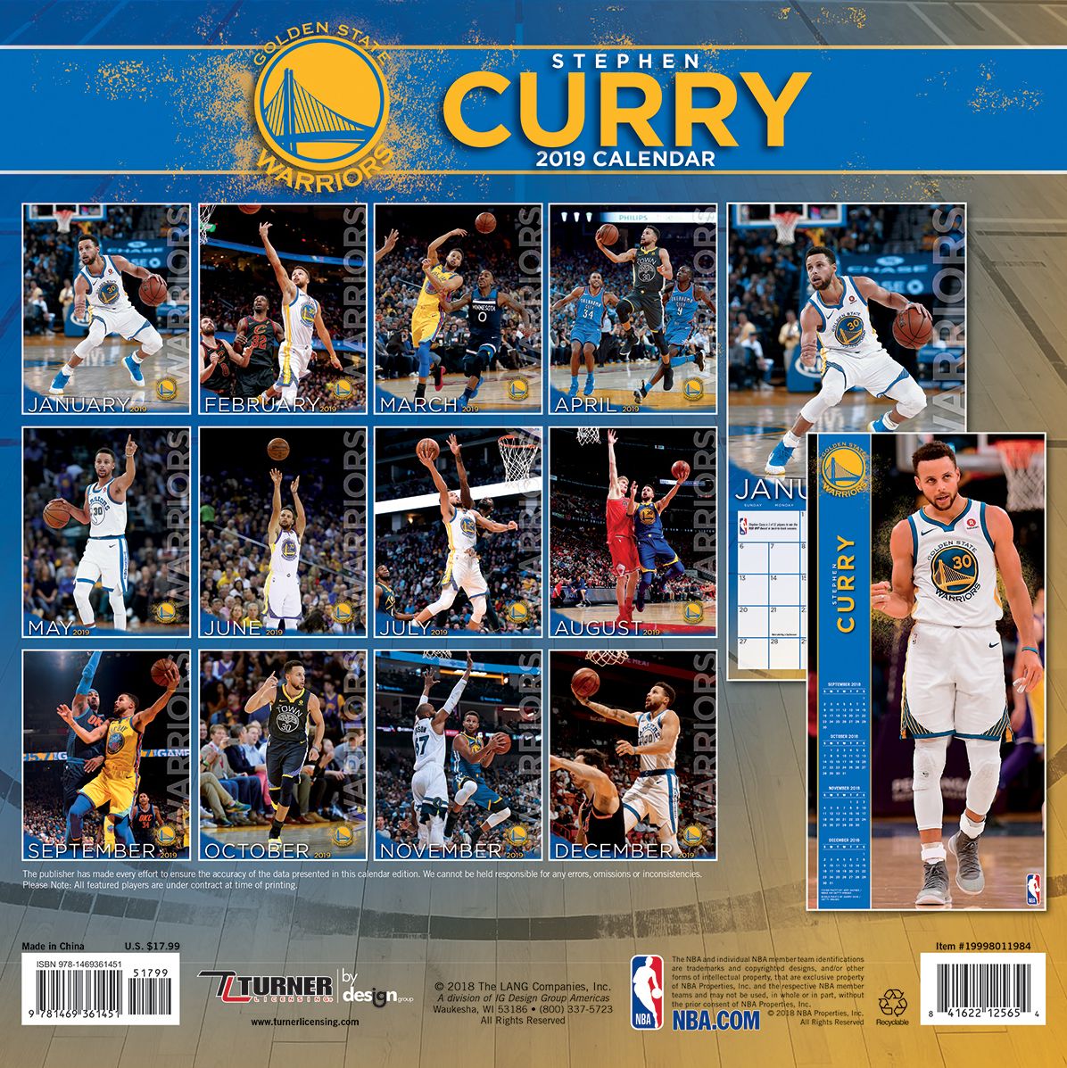 Golden State Warriors Stephen Curry 2019 12x12 Player Wall Calendar