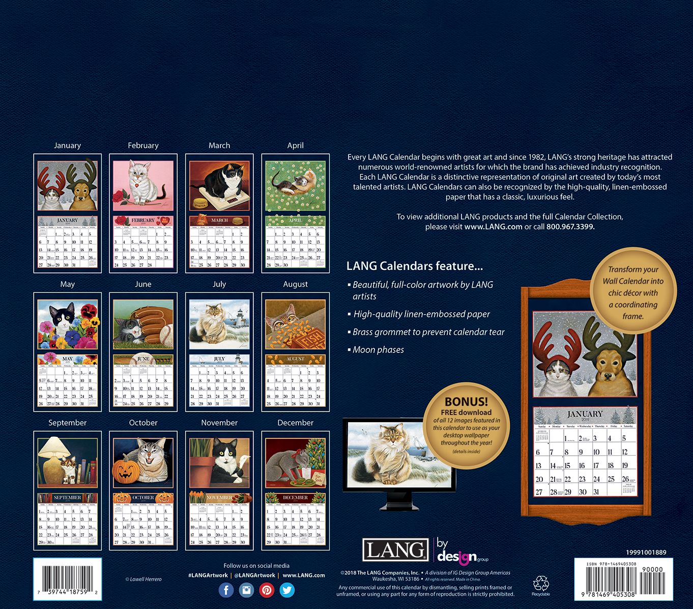 American Cat 2019 14x12.5 Wall Calendar