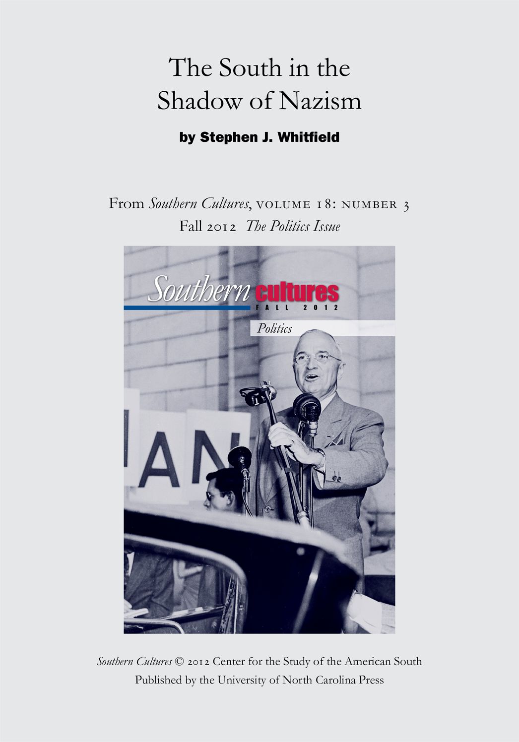 The South in the Shadow of Nazism: An article from Southern Cultures 18:3, Fall 2012: The Politics Issue