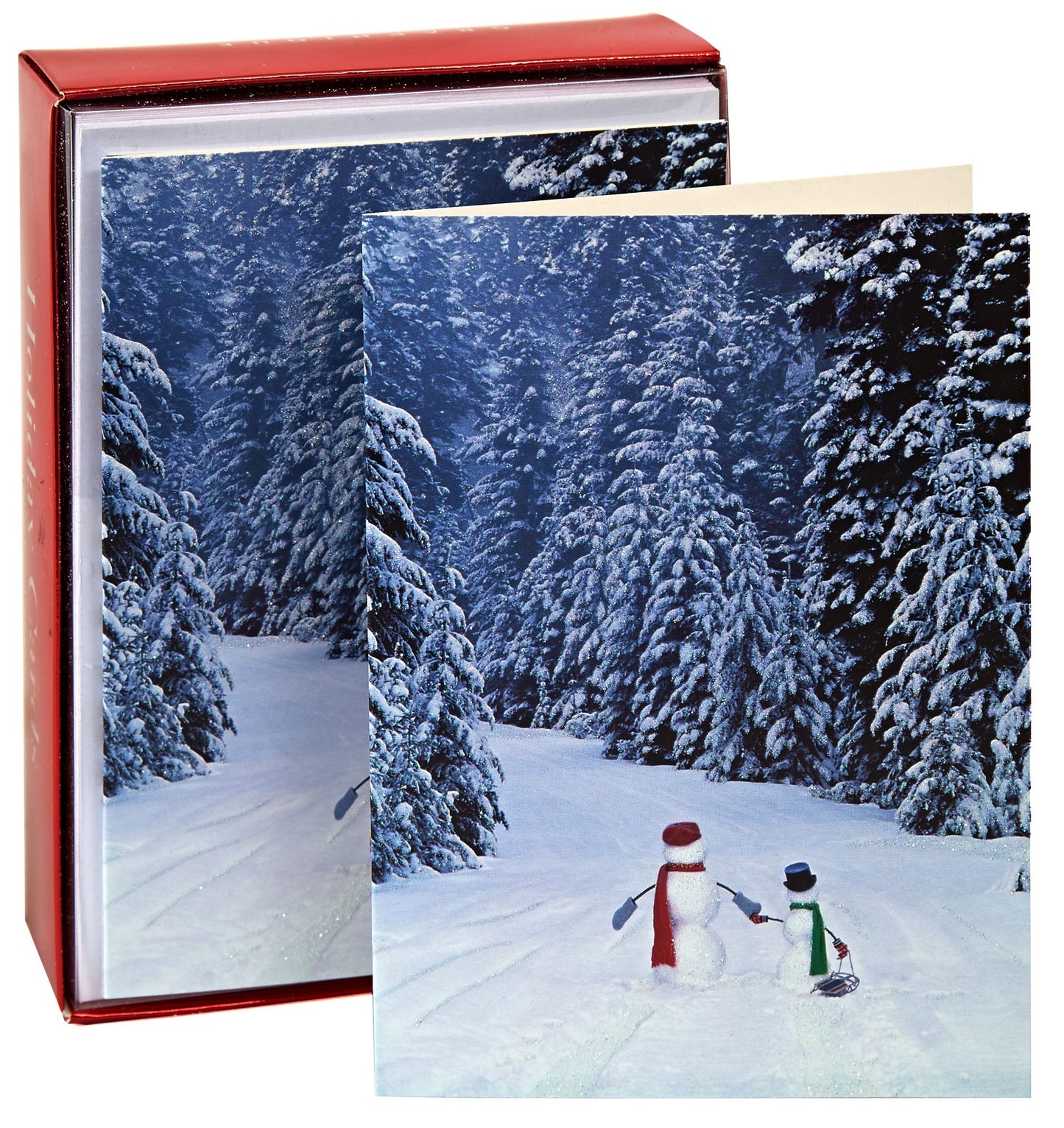 Snowman And Snowchild Walking Through Snowy Woods Christmas Boxed Card