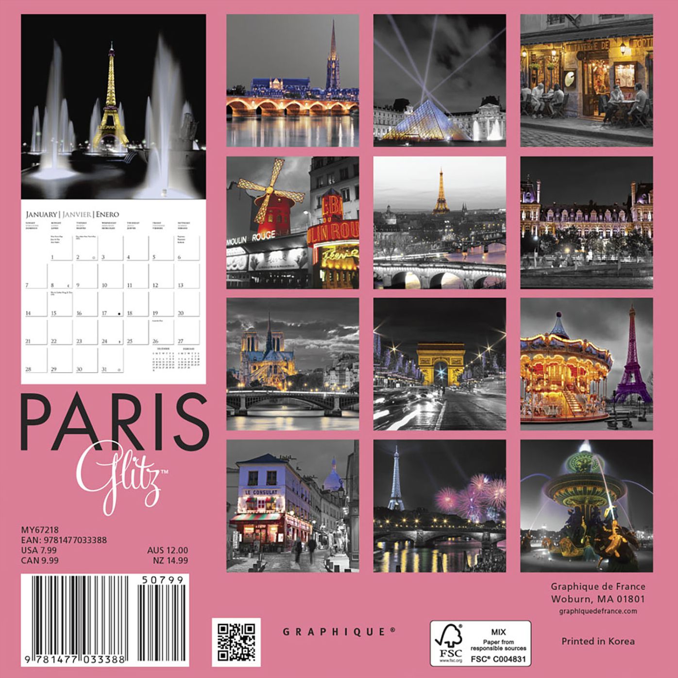 2018 Paris Glitz Mini Wall Calendar