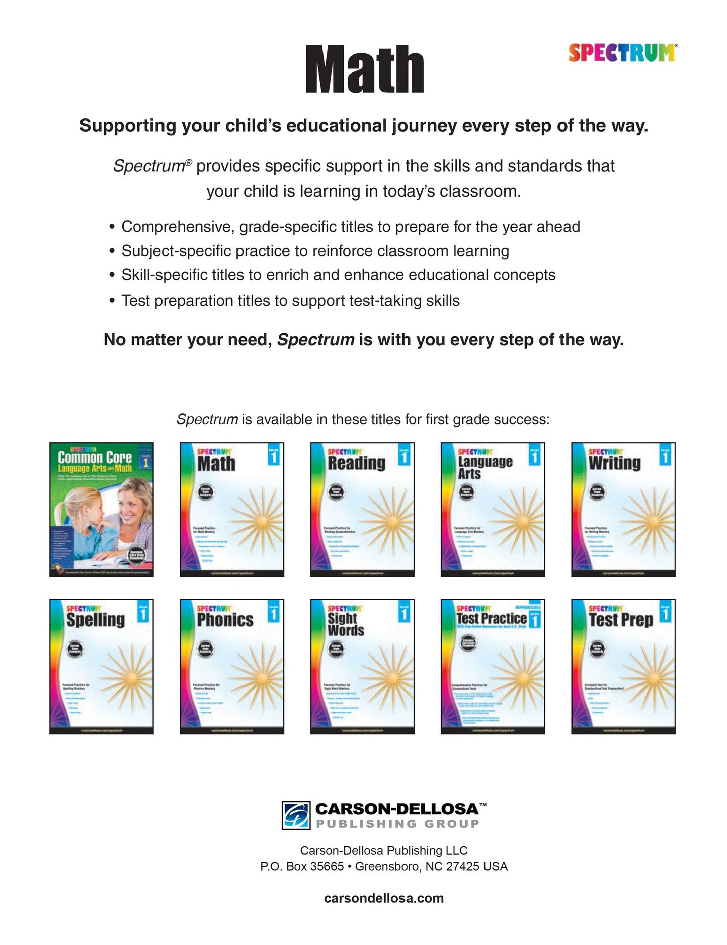 Carson Dellosa CD-704561 Spectrum Math Gr 1