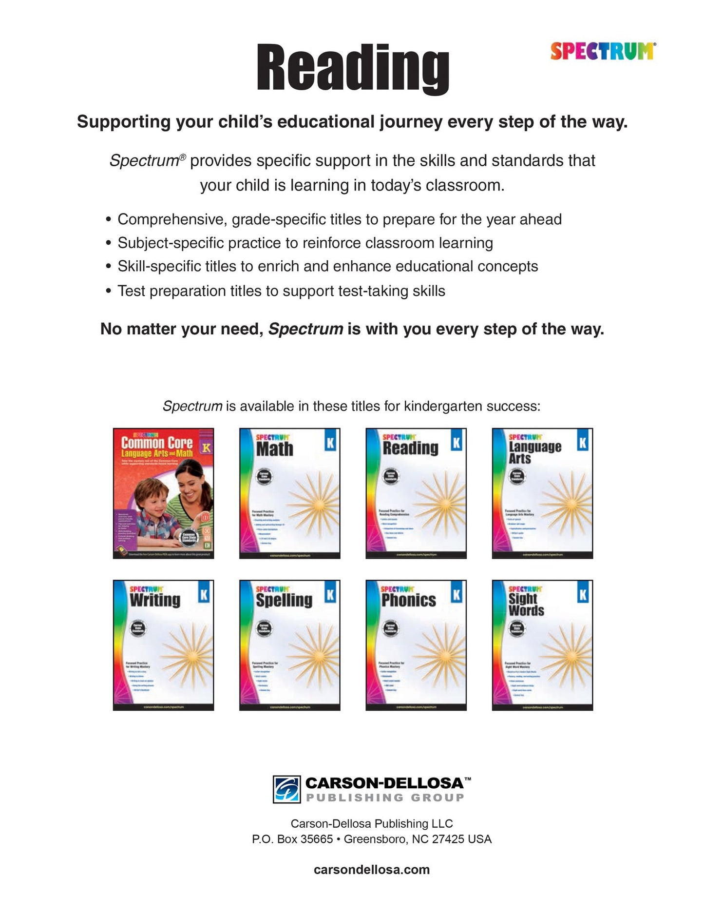 Spectrum Reading Workbook Grade K