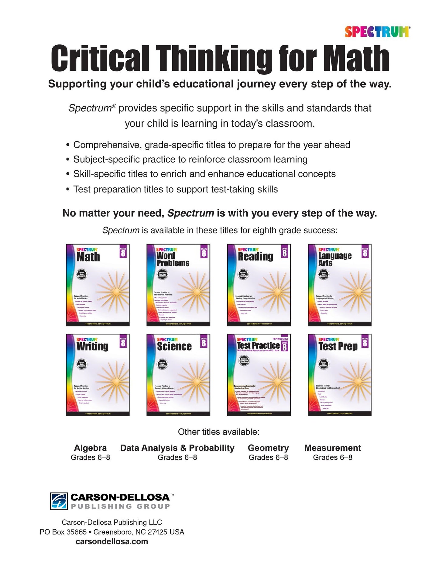 Spectrum Critical Thinking for Math, Grade 8