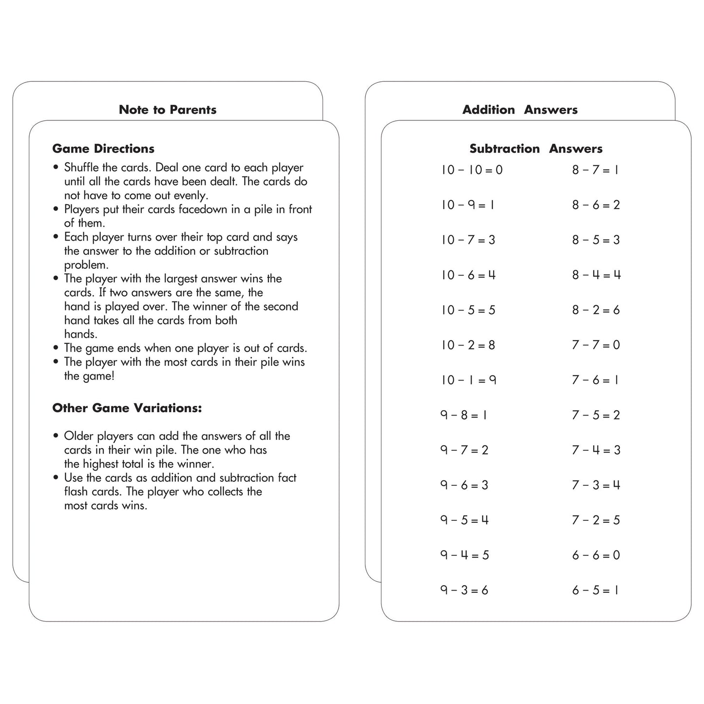 Addition & Subtraction War: 54 Flash Cards