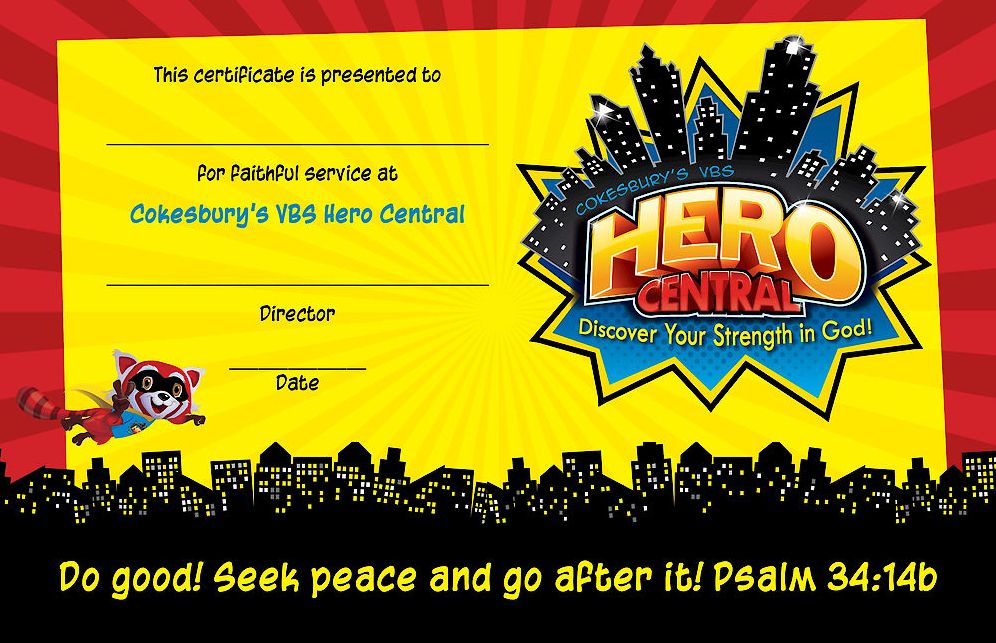 Vacation Bible School VBS Hero Central Leader Recognition Certificates (Pkg of 10): Discover Your Strength in God!