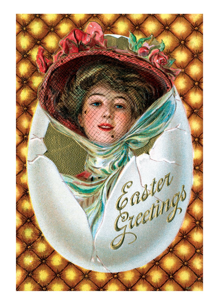 Woman with Hat in Egg Easter Greetings Postcard. 6 cards, individually bagged with envelopes