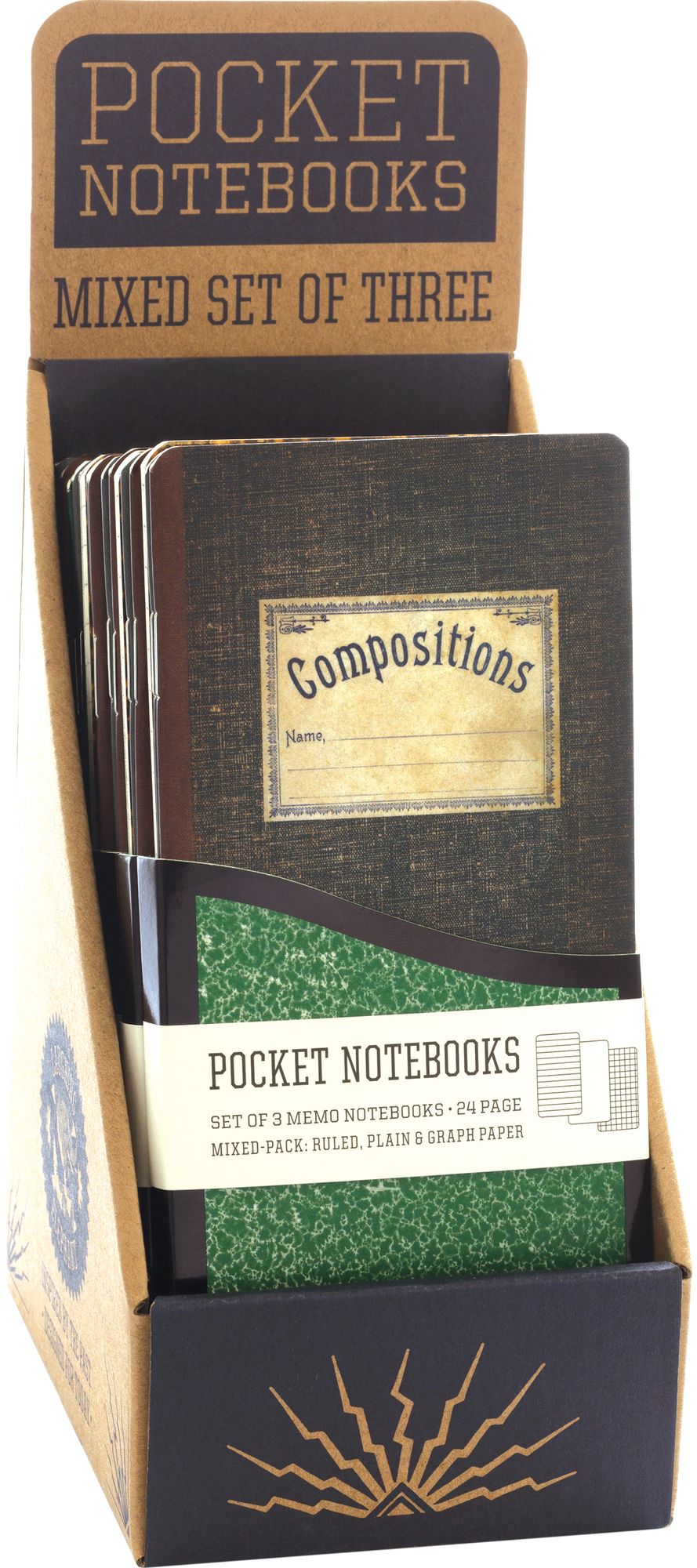 Vintage Composition - A Pack of 3 Memo Notebooks with Vintage Composition Book Designs - Counter Display with 6 Pieces Total.