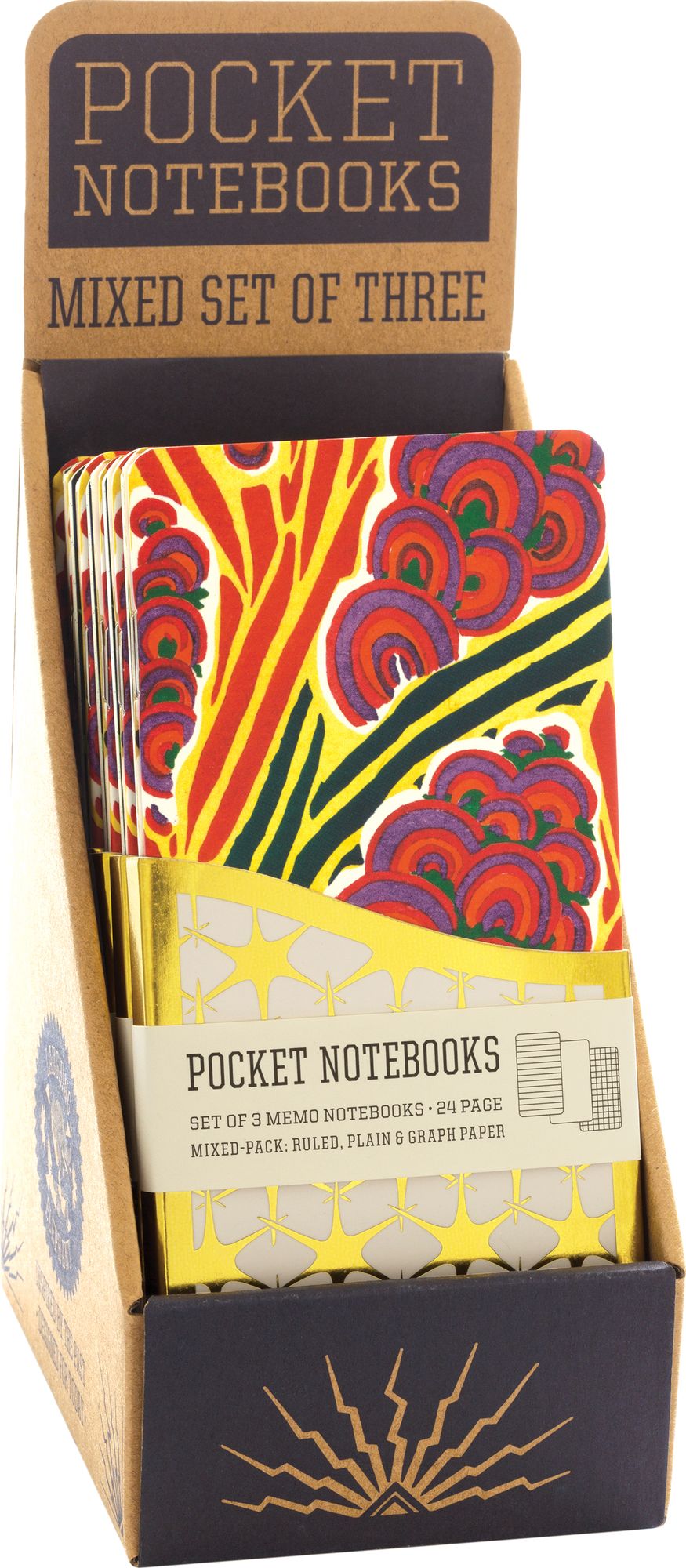 Floreal - A pack of 3 Memo Notebooks with French Art Deco Floral Designs - Counter Display with 6 Pieces Total.