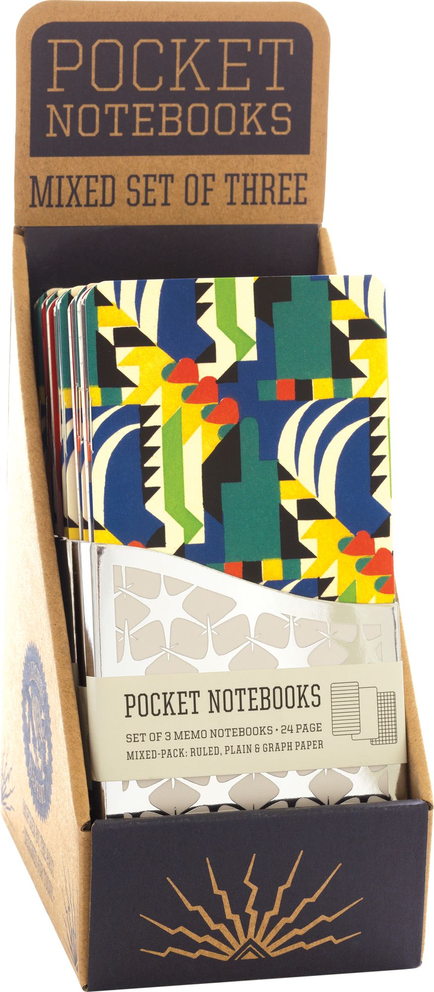 Kaleiedoscope - A Pack of 3 Memo Notebooks with Geometric Art Deco Designs - Counter Display with 6 Pieces Total.
