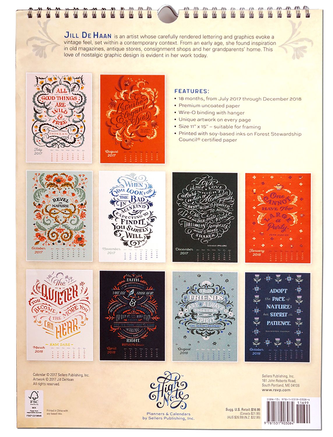 2018 Beautiful Typography 18-Month Designer Wall Calendar