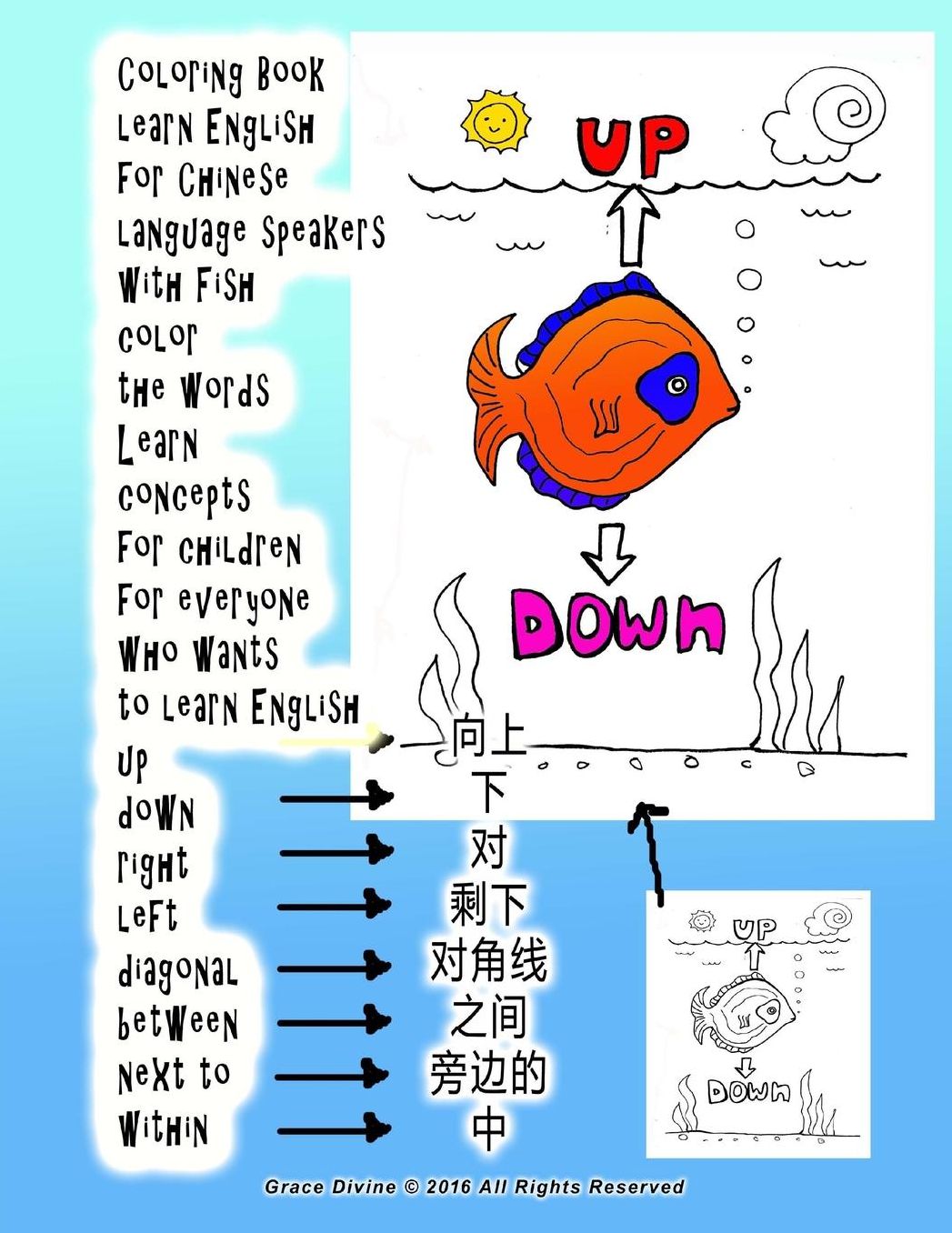 Coloring Book learn English for Chinese language speakers with Fish color the words Learn concepts for children for everyone who wants to learn English up down right left diagonal between next to within