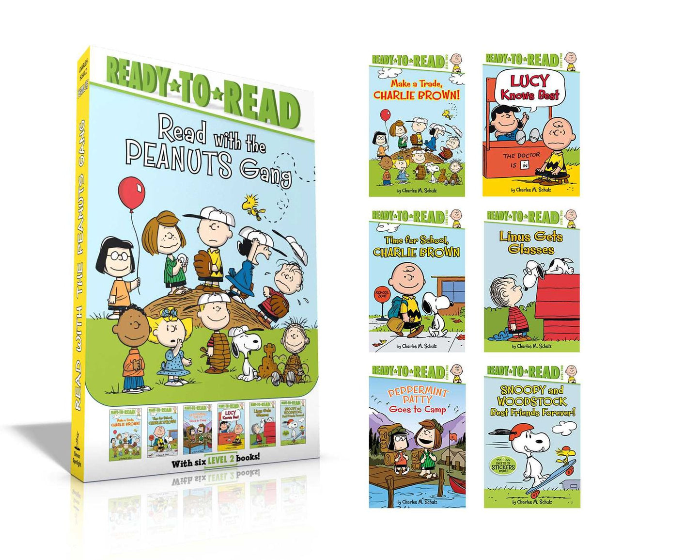 Read with the Peanuts Gang: Time for School, Charlie Brown; Make a Trade, Charlie Brown!; Peppermint Patty Goes to Camp; Lucy Knows Best; Linus Gets Glasses; Snoopy and Woodstock