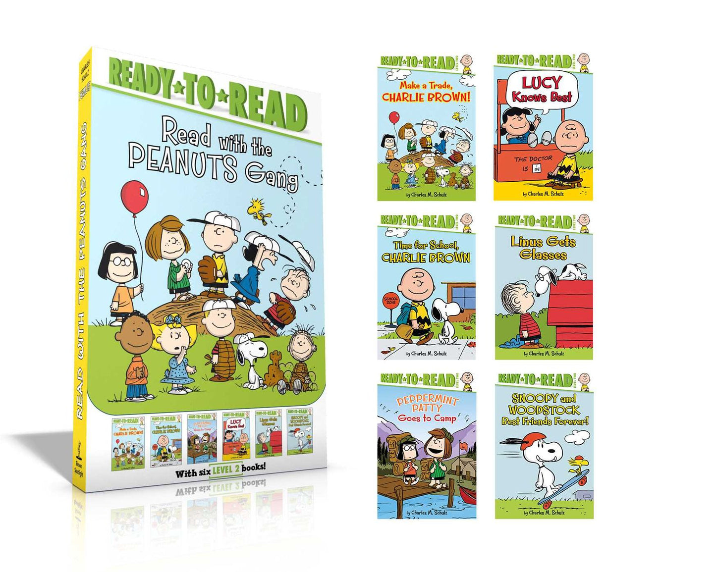 Read with the Peanuts Gang: Time for School, Charlie Brown; Make a Trade, Charlie Brown!; Peppermint Patty Goes to Camp; Lucy Knows Best; Linus Gets Glasses; Snoopy and Woodstock