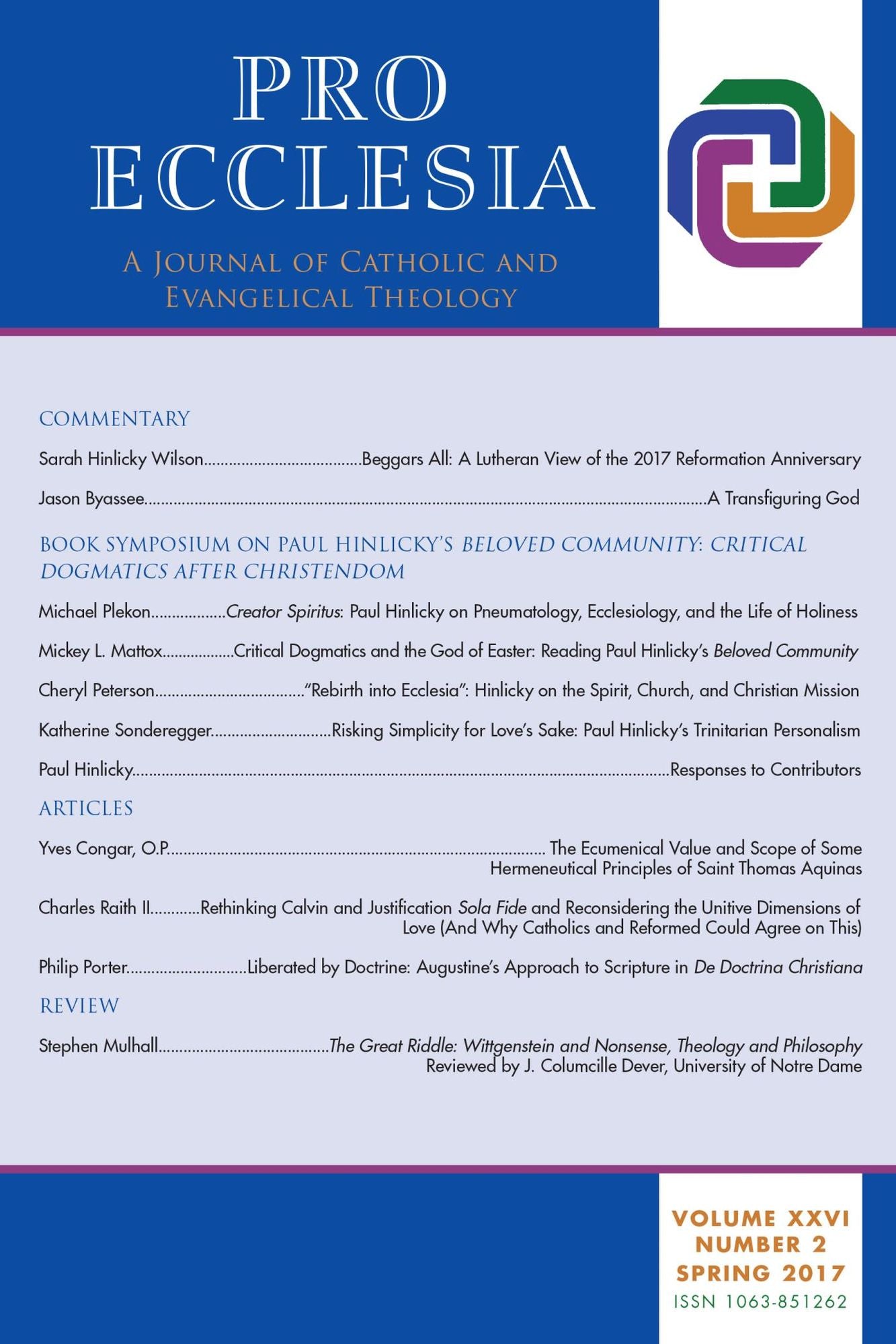 Pro Ecclesia Vol 26-N2: A Journal of Catholic and Evangelical Theology