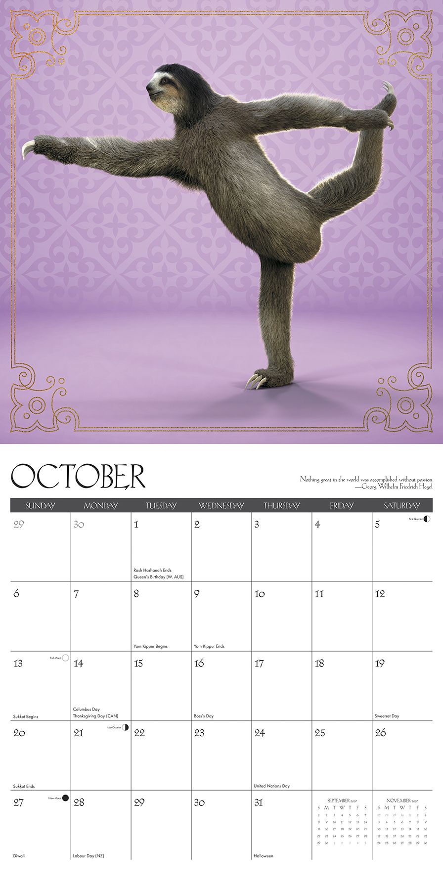 Sloth Yoga 2019 Wall Calendar