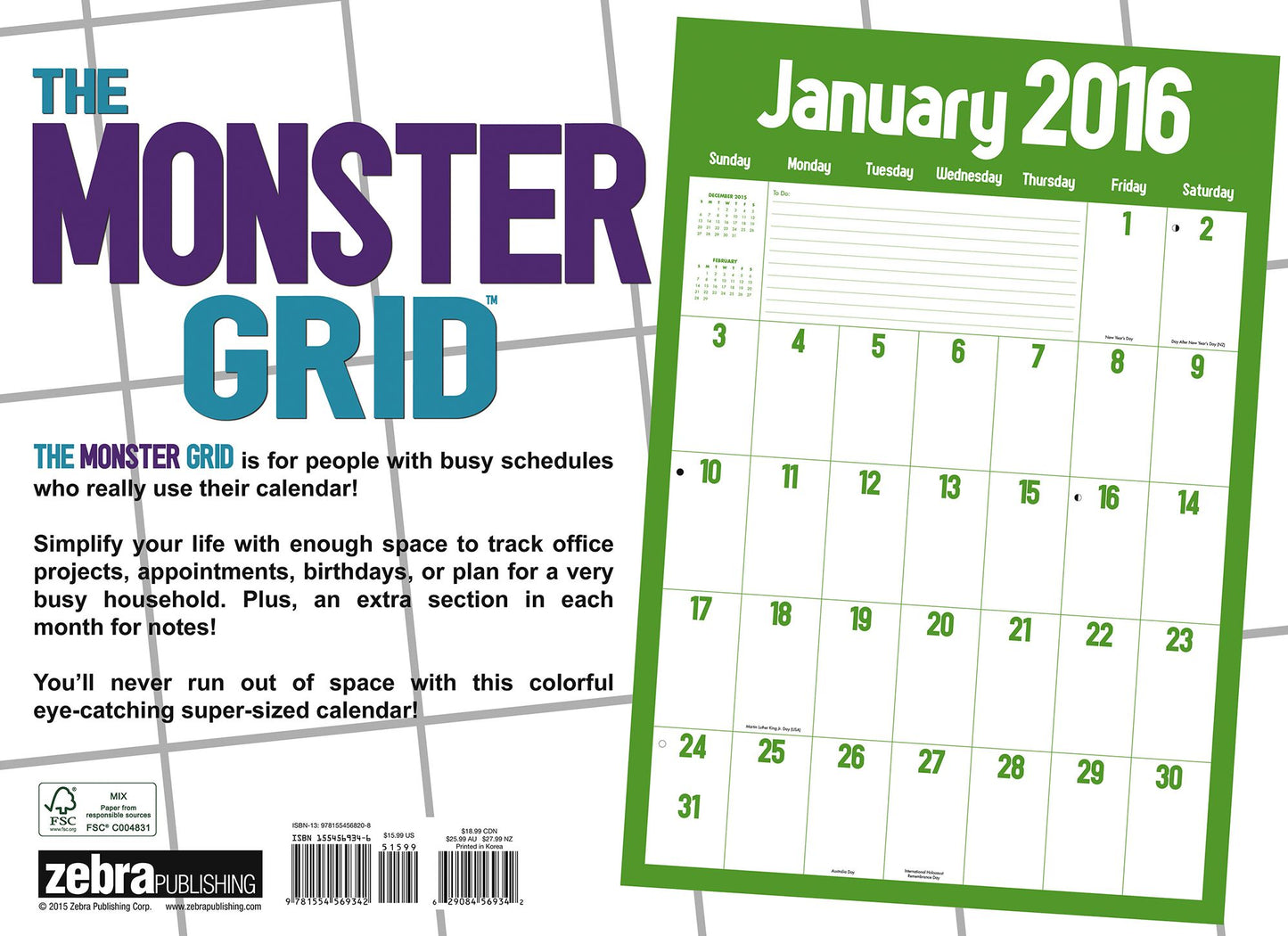2016 Monster Grid Wall Calendar