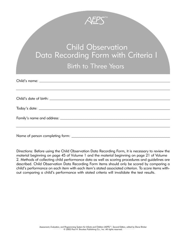 AEPS Child Observation Data Recording Forms Packs of 10