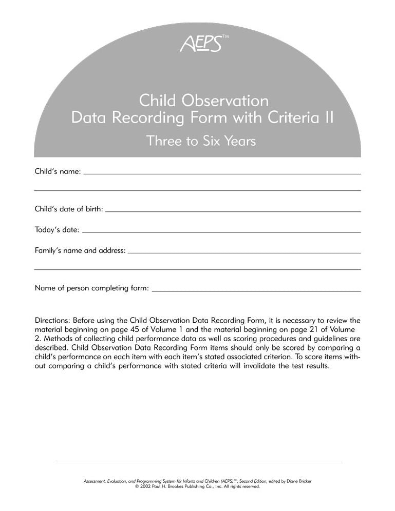 AEPS Child Observation Data Recording Forms (Pack of 10)