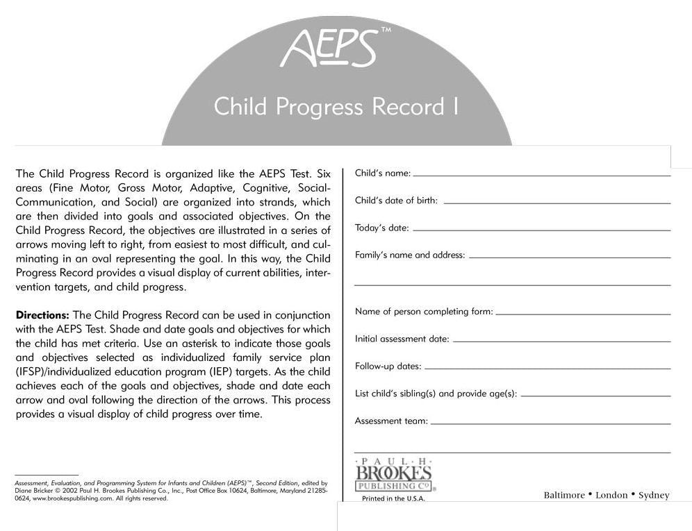 AEPST Child Progress Record For Birth to Three Years (Pack of 25)