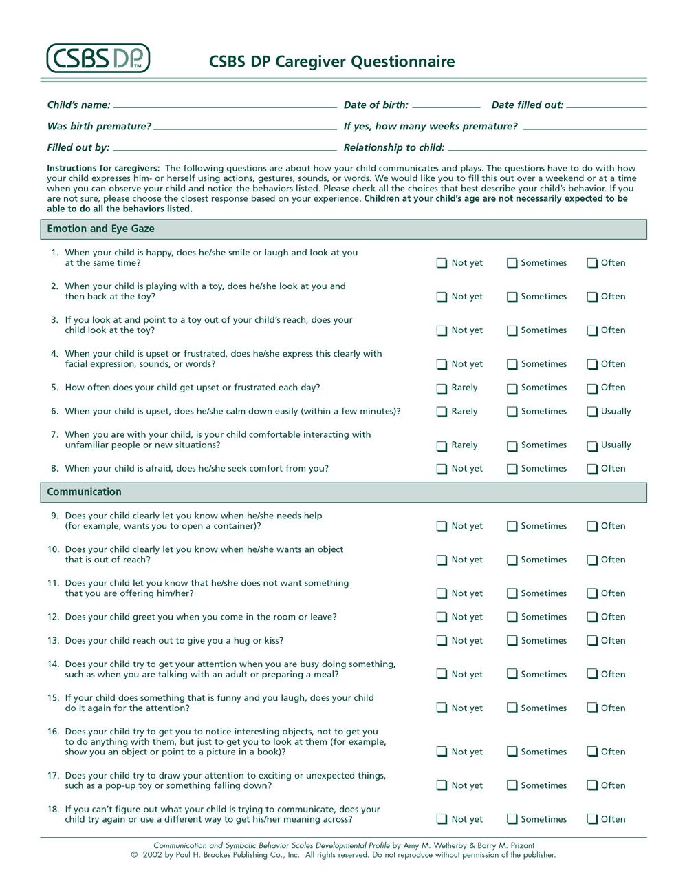 CSBS DP Caregiver Questionnaires (Package Of 50)