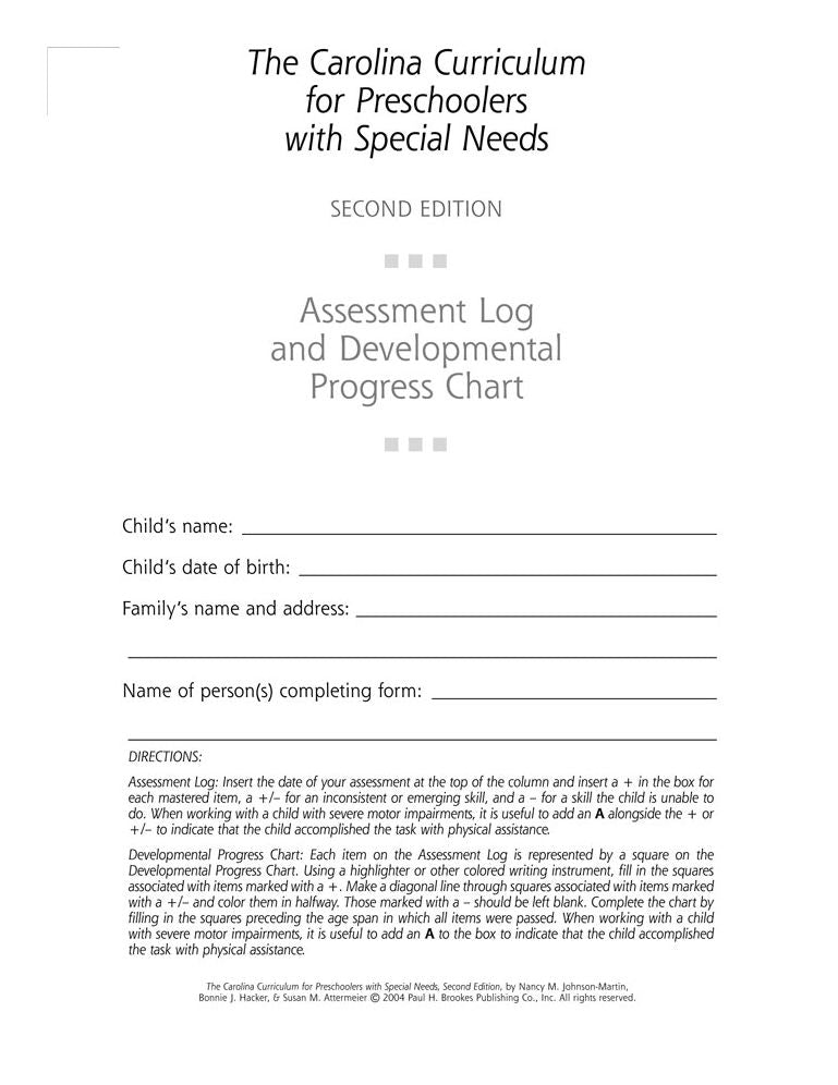 Carolina Curriculum f/ Preschoolers 10 pk with Special Needs Assessment Log and Progress Chart