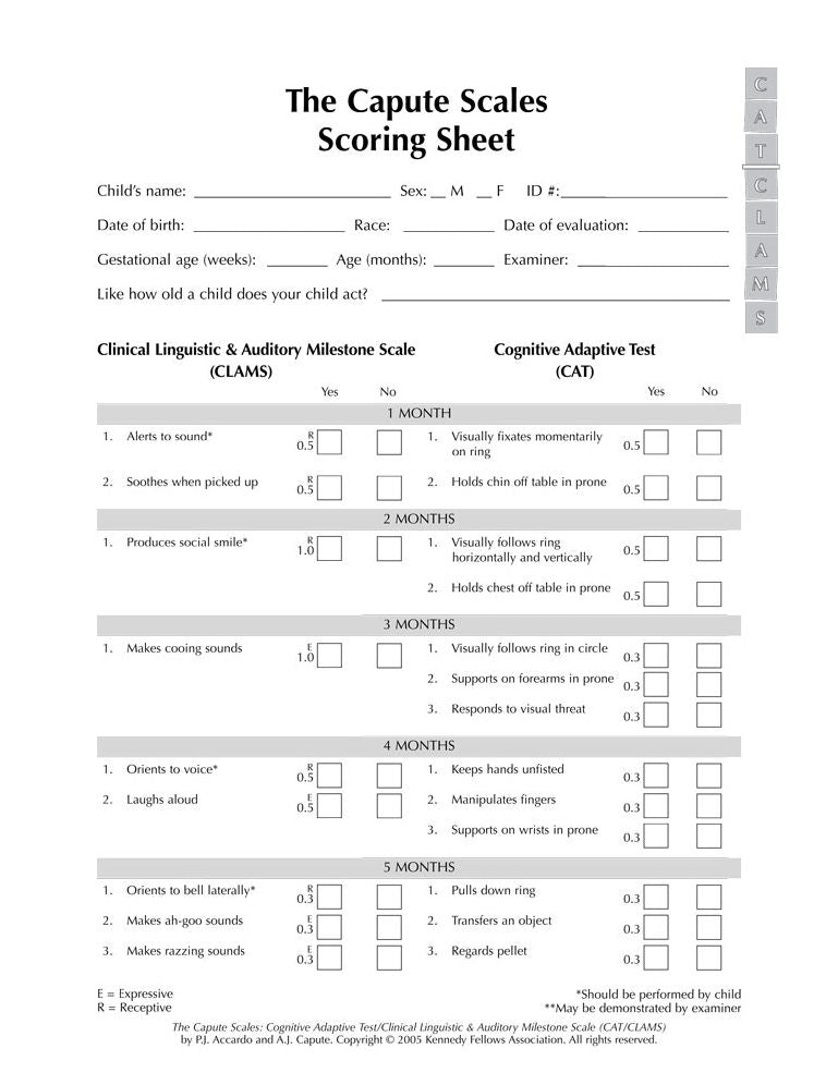 Capute Scale Scoring Sheets (20): Package of 20 sheets