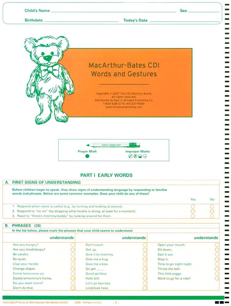 MacArthur-Bates CDI: Words and Gestures (package of 20): NCS Machine Scannable