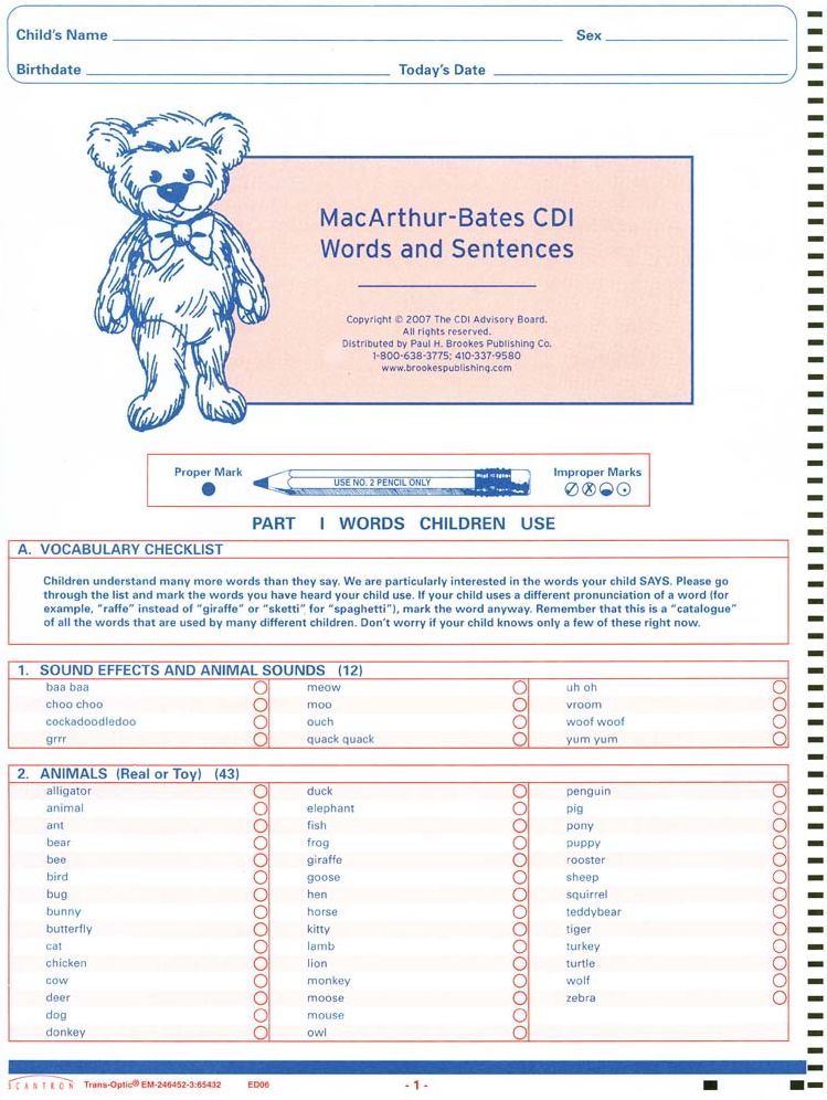 MacArthur-Bates CDI: Words and Sentences (package of 20): NCS Machine Scannable