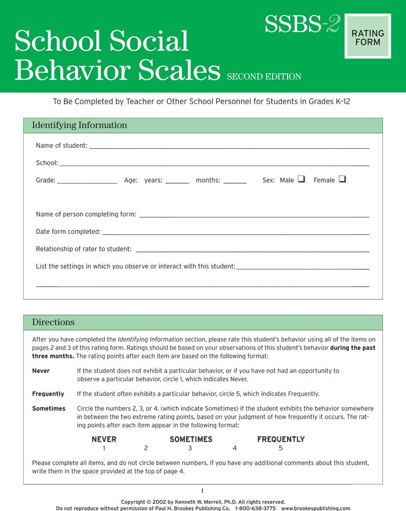 School Social Behavior Scales Rating Form