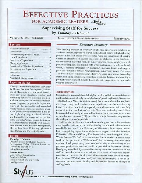 Effective Practices for Academic Leaders: Supervising Staff for Success