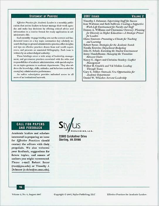 Effective Practices for Academic Leaders: Managing the Transition Between Chairs
