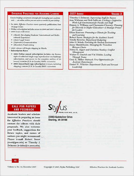 Effective Practices for Academic Leaders: Department Chairs and Servant Leadership