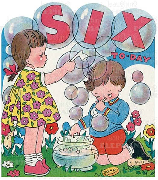 Kids Blowing Bubbles - 6th Birthday - Greeting Card