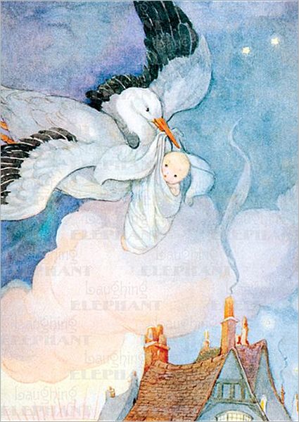 Stork Carrying Baby - New Child Greeting Card