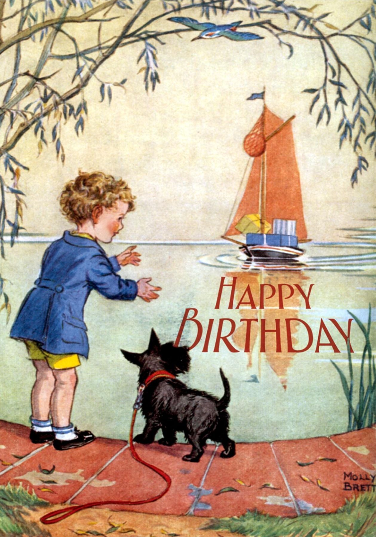 Boy and Scottie Dog Awaiting Birthday Boat - Birthday Greeting Card (6 Cards Individually Bagged W/ Envelopes and Header)
