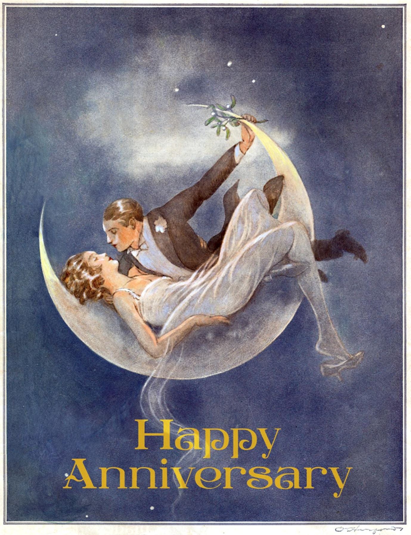 1920's Couple in Crescent Moon - Anniversary Greeting Card (6 Cards Individually Bagged W/ Envelopes and Header)