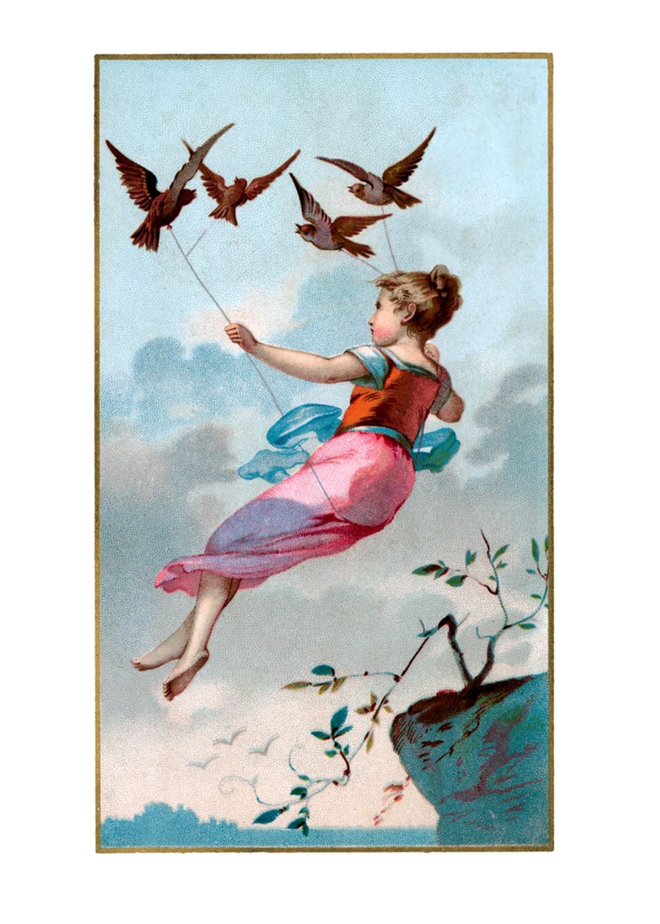 Girl Flying Held Aloft by Birds - Encouragement Greeting Card (6 Cards Individually Bagged W/ Envelopes and Header)