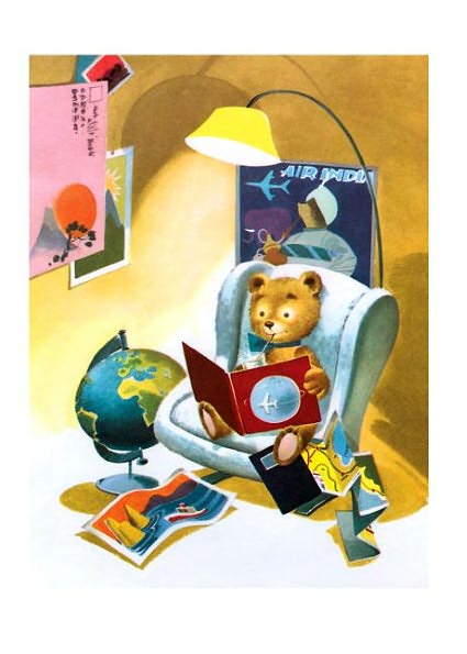 Teddy Bear in Armchair with Globe and Maps - Happy Travels Greeting Card (6 Cards Individually Bagged W/ Envelopes and Header)