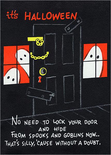 Halloween Ghosts Flank Padlocked Door - Halloween Greeting Card (6 Cards Individually Bagged W/ Envelopes and Header)