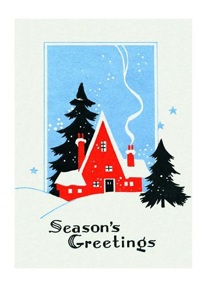 Red Cottage in Deep Snow - Christmas Card (6 Cards Individually Bagged W/ Envelopes and Header)