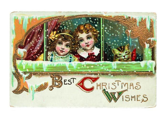Two Girls and Cat at Snowy Window - Christmas Card (6 Cards Individually Bagged W/ Envelopes and Header)
