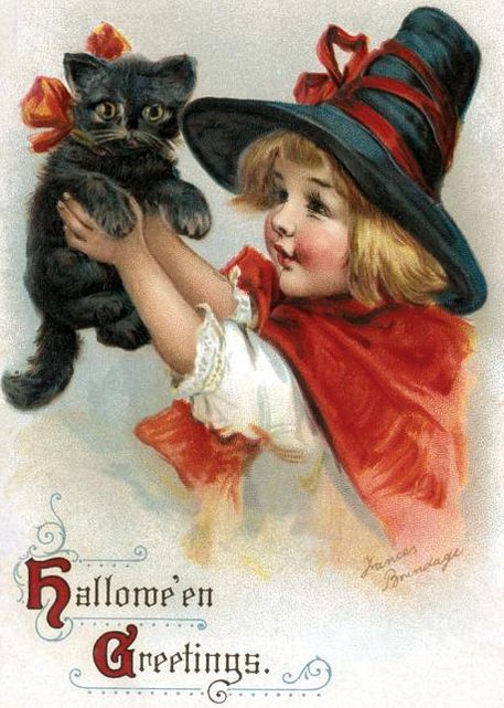 Girl with Black Cat Halloween Greeting Card [With Envelope]