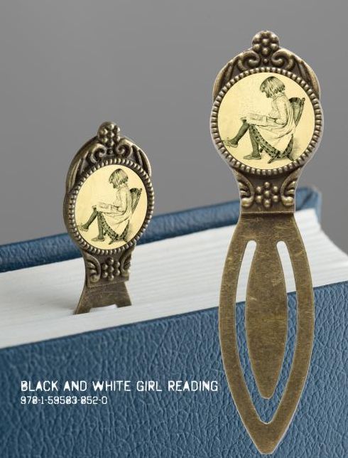 Book Lover's Bookmark - Black and White Girl Reading: 4 pack of Brass Bookmarks with Resin Image