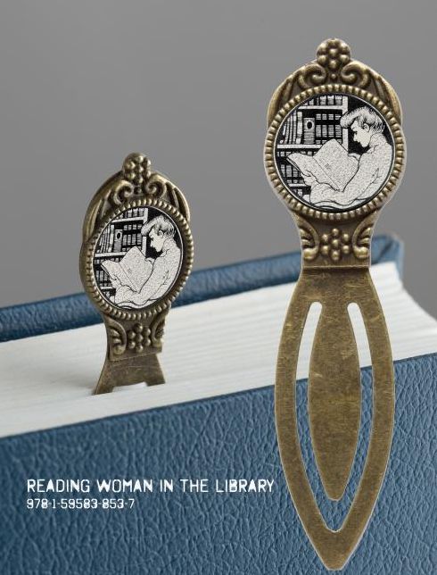 Book Lover's Bookmark - Reading Woman in the Library: 4 Pack of Brass Bookmarks with Resin Image