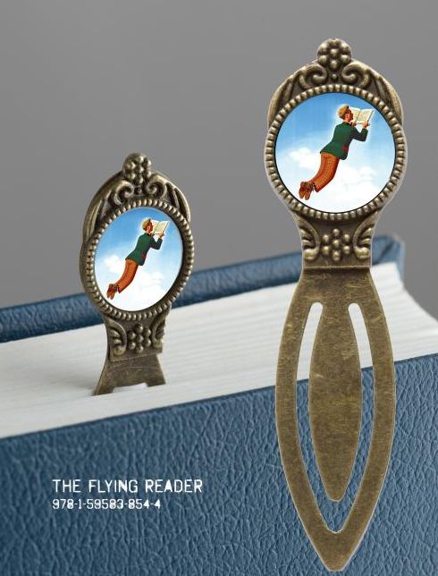 Book Lover's Bookmark - The Flying Reader: 4 pack of Brass Bookmarks with Resin Image