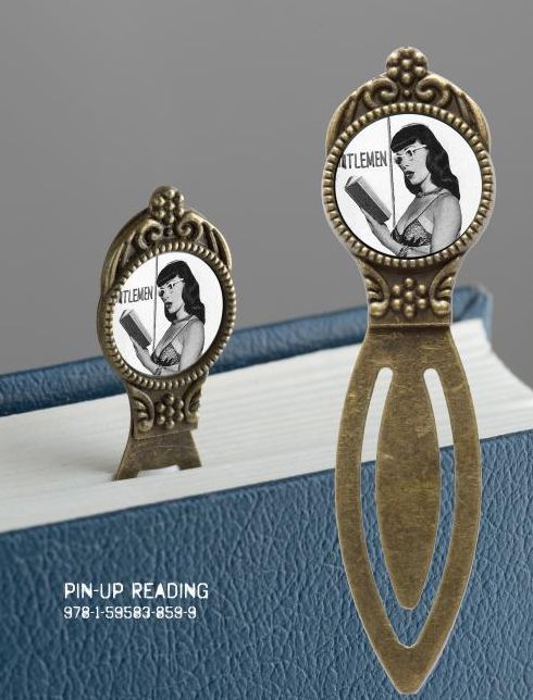 Book Lover's Bookmark - Pin-Up Girl Reading: 4 pack of Brass Bookmarks with Resin Image