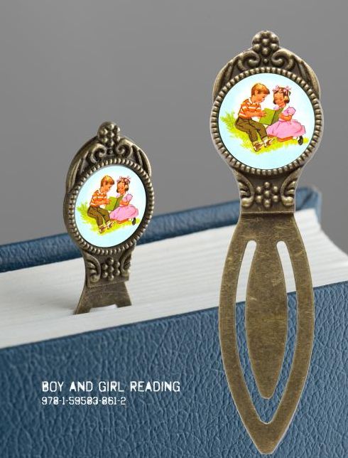 Book Lover's Bookmark - Boy and Girl Reading: 4 pack of Brass Bookmarks with Resin Image